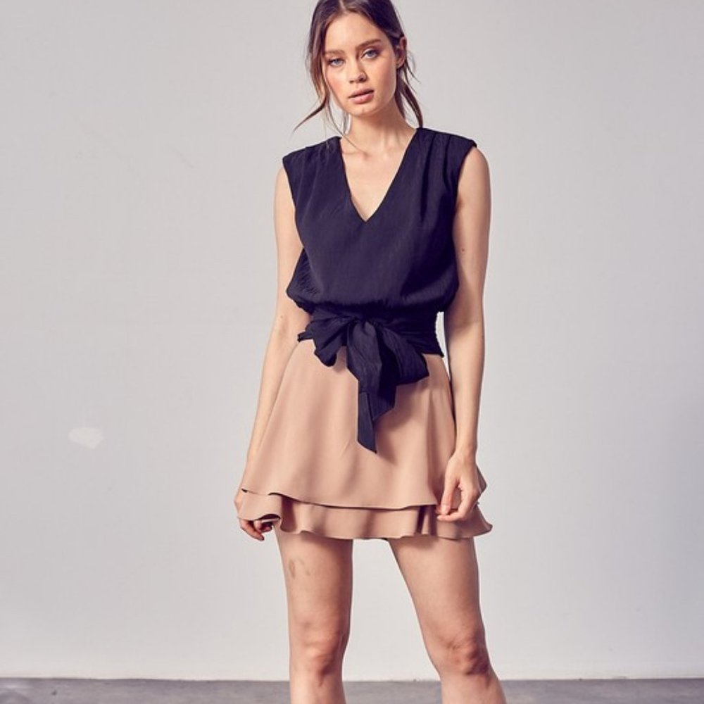 DO + BE Double Layer Mini Skort Dark Beige NWT